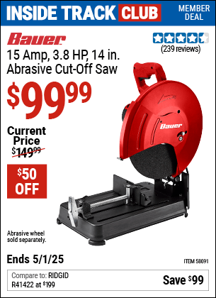 Harbor Freight Coupons, HF Coupons, 20% off - BAUER 15 Amp 3.8 HP 14 in. Abrasive Cut-Off Saw for $99.99