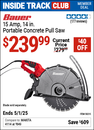 Harbor Freight Coupons, HF Coupons, 20% off - BAUER 15 Amp, 14 in. Portable Concrete Pull Saw for $229.99