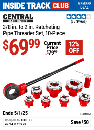 Harbor Freight Coupons, HF Coupons, 20% off - CENTRAL MACHINERY 3/8 in. to 2 in. Ratcheting Pipe Threader Set, 10-Piece for $63.99