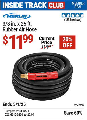 Harbor Freight Coupons, HF Coupons, 20% off - MERLIN 3/8 in. x 25 ft. Rubber Air Hose for $11.99