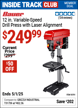 Harbor Freight Coupons, HF Coupons, 20% off - BAUER 12 in. Variable-Speed Drill Press with Laser Alignment for $249.99