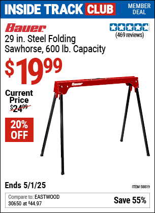 Harbor Freight Coupons, HF Coupons, 20% off - BAUER 600 lb. Capacity Folding Steel Sawhorse 