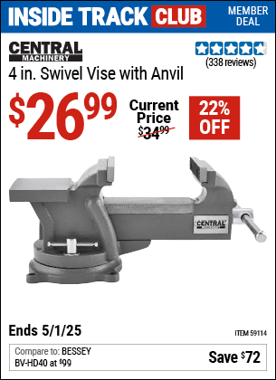Harbor Freight Coupons, HF Coupons, 20% off - ENTRAL MACHINERY 4 in. Swivel Vise with Anvil for $29.99