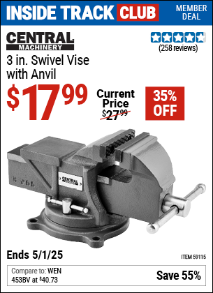 Harbor Freight Coupons, HF Coupons, 20% off - CENTRAL MACHINERY 3 in. Swivel Vise with Anvil for $24.99