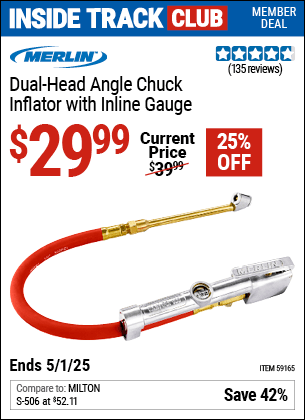 Harbor Freight Coupons, HF Coupons, 20% off - MERLIN Dual Head Angle Chuck Inflator with Inline Gauge for $29.99