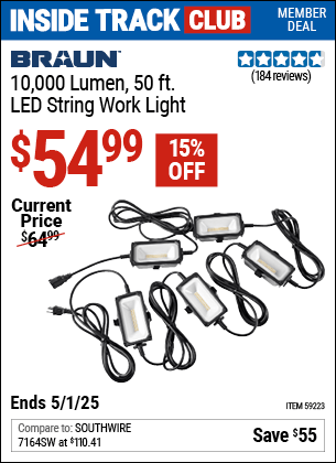 Harbor Freight Coupons, HF Coupons, 20% off - BRAUN 10 -000 Lumen 50 ft. LED String Work Light for $52.99