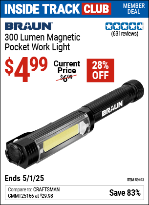 Harbor Freight Coupons, HF Coupons, 20% off - BRAUN 300 Lumen Magnetic Pocket Work Light for $4.99