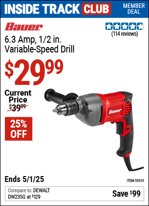 Harbor Freight Coupons, HF Coupons, 20% off - BAUER 6.3 Amp, 1/2 in. Variable-Speed Drill for $24.99