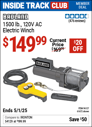 Harbor Freight Coupons, HF Coupons, 20% off - 1500 Lb. Capacity 120 Volt Ac Electric Winch