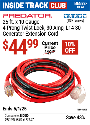 Harbor Freight Coupons, HF Coupons, 20% off - 25 Ft. X 10 Gauge Generator Duty Twist Lock Extension Cord