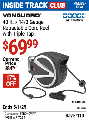 Harbor Freight Coupons, HF Coupons, 20% off - VANGUARD 40 ft. Retractable Cord Reel with Triple Tap for $64.99