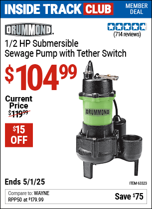 Harbor Freight Coupons, HF Coupons, 20% off - 1/2 HP Submersible Sewage Pump with Tether Switch