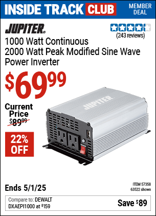 Harbor Freight Coupons, HF Coupons, 20% off - 1000 Watt Continuous/2000 Watt Peak Modified Sine Wave Power Inverter