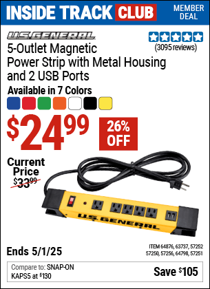 Harbor Freight Coupons, HF Coupons, 20% off - 5 Outlet Heavy Duty Magnetic Power Strip With Metal Housing And 2 Usb Ports