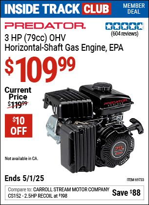 Harbor Freight Coupons, HF Coupons, 20% off - 3 Hp (79 Cc) Ohv Horizontal Shaft Gas Engine