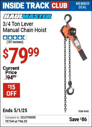 Harbor Freight Coupons, HF Coupons, 20% off - 3/4 ton Lever Manual Chain Hoist