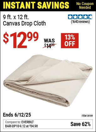 Harbor Freight Coupons, HF Coupons, 20% off - 9 Ft. X 12 Ft. Canvas Drop Cloth