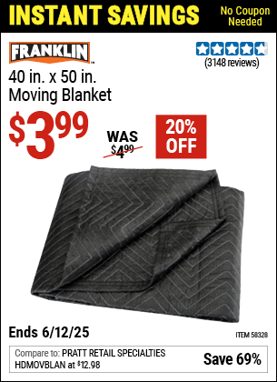 Harbor Freight Coupons, HF Coupons, 20% off - FRANKLIN 40 in. x 50 in. Moving Blanket for $4.49