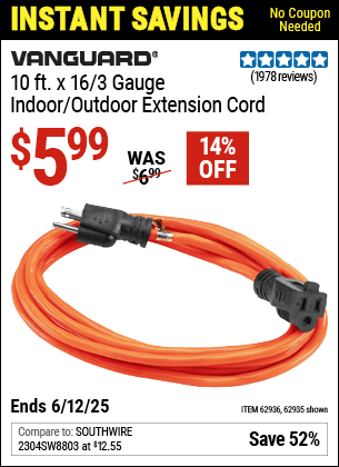 Harbor Freight Coupons, HF Coupons, 20% off - 10ft.x16 Gauge Indoor/outdoor Extension Cord