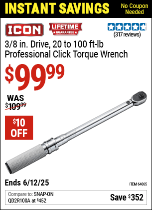 Harbor Freight Coupons, HF Coupons, 20% off - 3/8 In. Drive Professional Click Type Torque Wrench