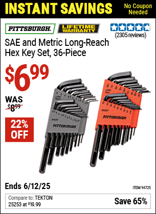 Harbor Freight Coupons, HF Coupons, 20% off - 36 Piece Sae/metric Long Reach Hex Key Set