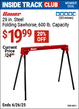 Harbor Freight Coupons, HF Coupons, 20% off - BAUER 600 lb. Capacity Folding Steel Sawhorse 