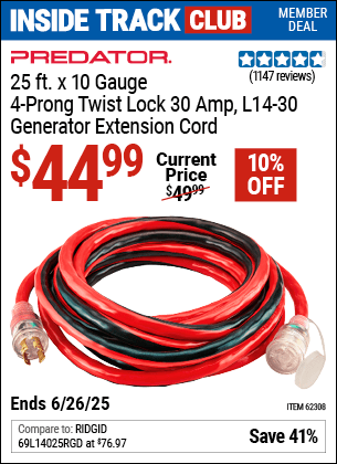 Harbor Freight Coupons, HF Coupons, 20% off - 25 Ft. X 10 Gauge Generator Duty Twist Lock Extension Cord