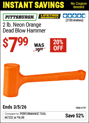 Harbor Freight Coupons, HF Coupons, 20% off - 2 lb. Neon Orange Dead Blow Hammer