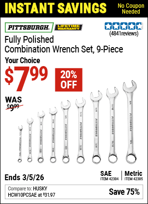 Harbor Freight Coupons, HF Coupons, 20% off - 9 Piece Fully Polished Combination Wrench Sets