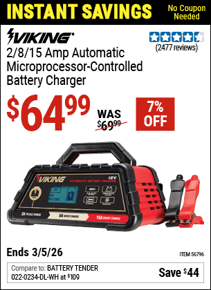 Harbor Freight Coupons, HF Coupons, 20% off - 2/8/15 Amp Automatic Microprocessor Controlled Battery Charger