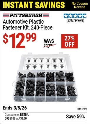 Harbor Freight Coupons, HF Coupons, 20% off - PITTSBURGH Automotive Plastic Fastener Kit for $13.99