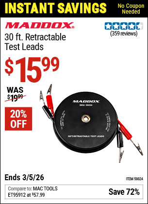 Harbor Freight Coupons, HF Coupons, 20% off - MADDOX 30 ft. Retractable Test Leads for $14.99