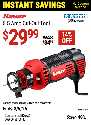 Harbor Freight Coupons, HF Coupons, 20% off - BAUER 5.5 Amp Cut-out Tool for $29.99