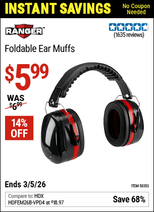 Harbor Freight Coupons, HF Coupons, 20% off - RANGER Foldable Ear Muffs for $5.99