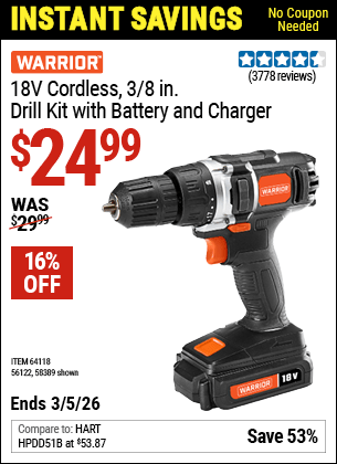 Harbor Freight Coupons, HF Coupons, 20% off - WARRIOR 18v Cordless 3/8 in. Drill/Driver Kit 