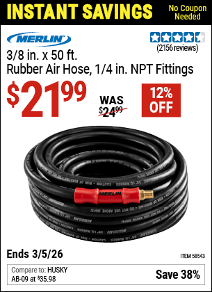 Harbor Freight Coupons, HF Coupons, 20% off - MERLIN 3/8 in. x 50 ft. Rubber Air Hose 