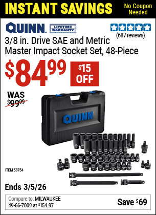 Harbor Freight Coupons, HF Coupons, 20% off - QUINN 3/8 in. Drive SAE & Metric Master Impact Socket Set, 48 Piece for $79.99