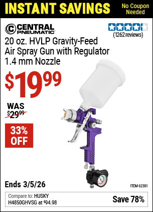 Harbor Freight Coupons, HF Coupons, 20% off - 20 Oz. Hvlp Gravity Feed Air Spray Gun With Regulator