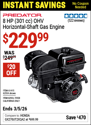 Harbor Freight Coupons, HF Coupons, 20% off - 8 Hp (301 Cc) Ohv Horizontal Shaft Gas Engine