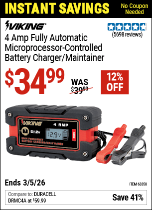 Harbor Freight Coupons, HF Coupons, 20% off - 4 Amp Fully Automatic Microprocessor Controlled Battery Charger/maintainer