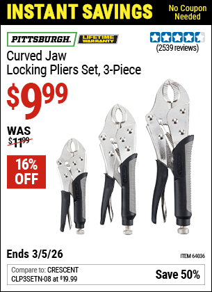 Harbor Freight Coupons, HF Coupons, 20% off - 3 Piece Curved Jaw Locking Pliers Set