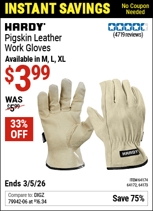 Harbor Freight Coupons, HF Coupons, 20% off - Pigskin Leather Work Gloves