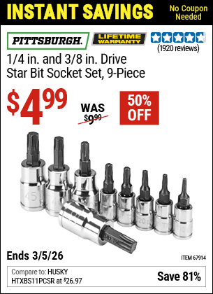 Harbor Freight Coupons, HF Coupons, 20% off - PITTSBURGH - 1/4 In. And 3/8 In. Drive Star Bit Socket Set, 9 Pc.