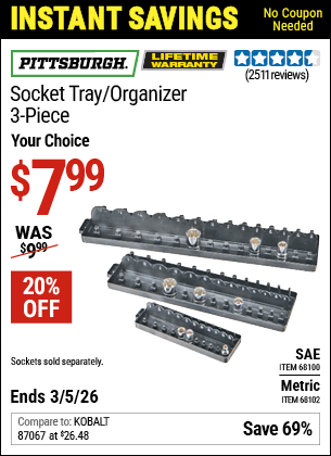 Harbor Freight Coupons, HF Coupons, 20% off - 3 Piece Socket Tray/organizers