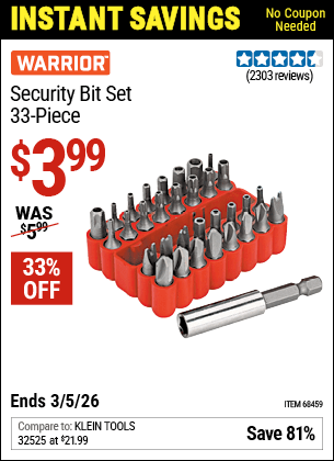 Harbor Freight Coupons, HF Coupons, 20% off - 33 Piece Security Bit Set
