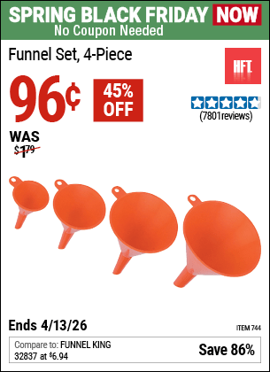 Harbor Freight Coupons, HF Coupons, 20% off - HFT Funnel Set 4 Pc. for $0.79