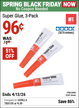 Harbor Freight Coupons, HF Coupons, 20% off - Super Glue Pack Of 3