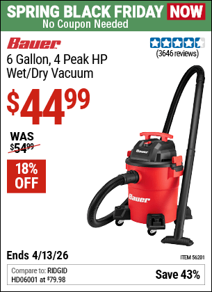 Harbor Freight Coupons, HF Coupons, 20% off - Bauer 6 Gallon Wet Dry Vacuum