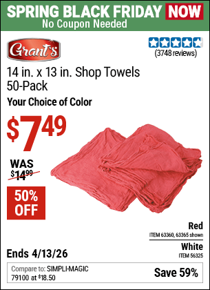 Harbor Freight Coupons, HF Coupons, 20% off - 14 in. x 13 in. White Shop Towels, 50 Pk.