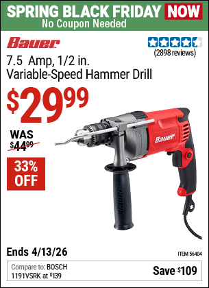 Harbor Freight Coupons, HF Coupons, 20% off - 1/2 in.  7.5  Amp Variable Speed Reversible Hammer Drill